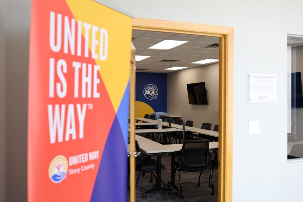 Meeting room with United Way banner