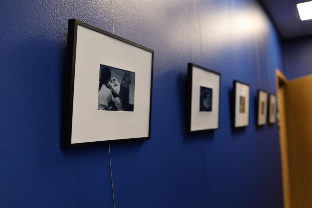 Black and white photos on blue wall