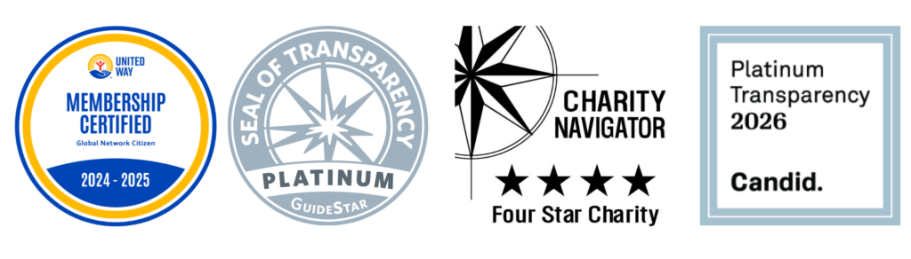 Various charity transparency certifications displayed