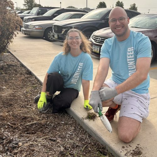 Two volunteers gardening near cars.
